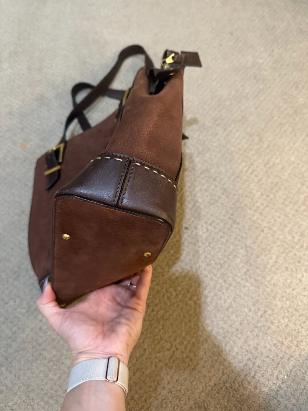 Celine Brown Leather Suede Tote Bag Zip Top Work Bag - Picture 2 of 9
